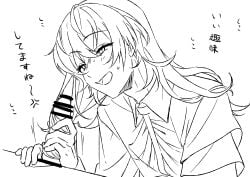 censor_bar censored erection gay hairjob handjob hoshirube_sho japanese_text long_hair male male_only monochrome nijisanji open_mouth penis virtual_youtuber yaoi