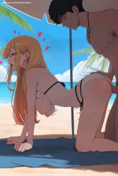1boy 1girl ai_generated all_fours ass bangs beach beach_umbrella bikini bikini_aside blonde_hair blush breasts day doggystyle earrings heart hetero hi_res high_quality high_resolution jewelry kitagawa_marin large_breasts long_hair nipples ocean open_mouth outdoors palm_tree patreon penis red_eyes seductive sex sex_from_behind sexy sky sono_bisque_doll_wa_koi_wo_suru sweat swimsuit tree umbrella uncensored watermark white_bikini