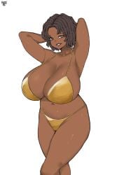 1girls arms_behind_head arms_up bikini black_hair dark-skinned_female dark_skin female female_only gold_bikini huge_breasts norman_maggot original smile solo