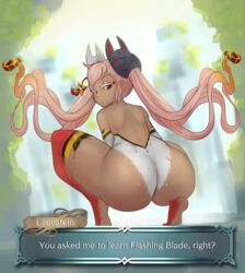 alternate_costume ass back back_view bare_back big_ass bodypaint completely_nude crouching dark-skinned_female dark_skin dddoodles dialogue dialogue_box english english_text fire_emblem fire_emblem_heroes huge_ass laevatein_(fire_emblem) laevatein_(ninja)_(fire_emblem) large_ass looking_at_viewer looking_back mask multicolored_hair ninja nintendo nude nude_female paint painted_clothes pink_hair red_eyes squatting text twintails