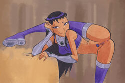 2d alien anus black_hair blackfire dc dc_comics female flexible komand'r pubic_hair purple_eyes pussy smile solo straight_hair tan-skinned_female tan_skin teen_titans thigh_boots unknown_artist vagina