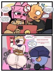 1boy 1boy1girl 1girl clapping_ass comic curvy curvy_body curvy_female dandy's_world female finn_(dandy's_world) fire_head glasses hat headset inkzan laptop original_character pants_down pants_pulled_down party request roblox roblox_game roomates tablet teagan_(dandy's_world) thick_ass thick_legs thick_thighs twerk twerking white_body
