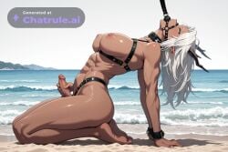 1_girl 1girl adult ai_assisted ai_generated chained_soldier collar dark_skin dark_skinned_female ear_piercing from_side grey_eyes hand_on_penis horns large_breasts leaning_back mature_female muscular naked nude on_knees penis pointy_ears rocks sand sexually_suggestive shore simple_background small_penis transgender transparent_background view_from_behind water waves white_background white_hair