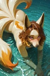 1girls ai_generated anthro_female blonde_fur brown_hair creen_(scorpianpp) female fox_girl nine_tailed_fox ninetales original_character pink_eyes pokemon pokemon_(species) scorpianpp self_upload stable_diffusion
