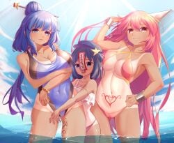 3girls abs alternate_version_at_source alternate_version_available armpits arms_under_breasts arms_up ass ass_visible_through_thighs beach belly belly_button big_breasts bikini bikini_bottom bikini_top blank_eyes blue_eyes blue_hair bracelet bracers breasts butt cameltoe cap cleavage cloud collarbone cone_horns cowboy_shot empty_eyes fang fangs flat_chest frilled_bikini frills group ha_kang hair_bun hair_ornament hair_stick hairpin half-closed_eyes hand_on_hip hat hi_res high_resolution highleg highleg_bikini highleg_leotard highleg_swimsuit highres hips horn ibaraki_douji's_arm ibaraki_douji_(touhou) jewelry jiangshi kasen_ibaraki korean korean_text large_breasts leg_tattoo leotard long_hair looking_at_viewer medium_hair multiple_girls navel navel_visible_through_clothes newsboy_cap ofuda ofuda_on_head one-piece_swimsuit oni oni_horns open_mouth outstretched_arms pink_eyes pink_hair sea seiga_kaku sharp_teeth sideboob skindentation sky sling_bikini sling_bikini_top slingshot_bikini slingshot_swimsuit small_breasts smaller_female smile smiley_face smiling smiling_at_viewer star star_(symbol) star_ornament stitches stomach sun sunlight swimsuit swimwear tan_body tan_skin tanline tanned tanned_skin tattoo thick_thighs thighs tied_hair touhou very_long_hair wading wide_hips wide_thighs widescreen womb_tattoo yoshika_miyako zombie zombie_girl zombie_pose
