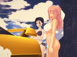 3d big_breasts black_and_blue_hair black_bikini clouds dc_comics dead_or_alive ear_piercing honoka_(doa) koikatsu pink_hair rachel_roth raven_(dc) render sports_car staring_at_another staring_at_breasts suds white_bikini