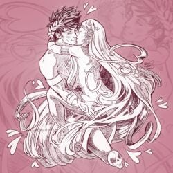 1boy 1girl aphrodite aphrodite_(hades) arms_around_neck ass_grab deity female goddess greek_mythology hades_(game) heart hugging kiss kissing kissing_while_penetrated long_hair male male/female mythology nude on_lap romantic sex sitting_on_lap straight very_long_hair zagreus zagreus_(hades)