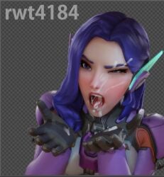 1girls 3d bodysuit clothed clothed_female cum cum_in_hair cum_in_mouth cum_on_clothes cum_on_face cum_on_hand cum_on_neck d.mon facial female female_only light-skinned_female light_skin long_hair mouth_open overwatch overwatch_2 pearl_necklace purple_eyes purple_hair rwt4184 simple_background solo solo_female yuna_lee