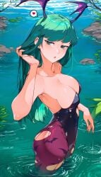 <3 1girls 2026 bat_print capcom cesar_art456 darkstalkers detailed_background female female_only green_eyes green_hair head_wings hi_res in_water legs_in_water leotard light_blush light_skin long_hair looking_at_viewer morrigan_aensland pantyhose purple_pantyhose solo spoken_heart succubus torn_pantyhose
