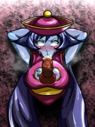 1girls ahe_gao armpit_showing arms_behind_back big_breasts blowjob blowjob_face body_writing boob_window capcom corruption cum cum_in_mouth darkstalkers eyes_rolling_back facing_viewer hsien_ko japanese_text jiangshi jiangshi_costume lei_lei oppaotintin oral oral_creampie oral_penetration stuck_in_wall sweat textless vacuum_fellatio