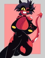 big_breasts breasts demon_girl demon_horns demon_tail fanart grabbing_breasts hand_on_breast happy helluva_boss hi_res huge_breasts looking_at_viewer millie_(helluva_boss) red_body short_hair solo solo_female tail thicc thicc_thighs thick_thighs torn_clothes