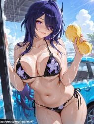 1girl acheron_(honkai:_star_rail) against_glass ai_generated areola_slip arlequin097 bare_shoulders bikini black_bikini blue_sky blush breast_press breasts breasts_on_glass car car_interior cleavage collarbone day earrings floral_print grin hair_over_one_eye halterneck holding honkai:_star_rail honkai_(series) hoyoverse jewelry large_breasts long_hair looking_at_viewer mihoyo motor_vehicle navel outdoors parted_lips print_bikini purple_eyes purple_hair side-tie_bikini_bottom sky smile soap soap_bubbles solo sponge stomach string_bikini swimsuit thighs very_long_hair washing wet