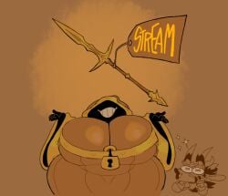 1girls belly breasts chest chubby chubby_female cleavage cloak fat female female_focus female_only hips hyper jinti_(artist) large_breasts lock medieval medieval_fantasy padlock stomach stream_announcement sword thick_thighs thighs weapon weight_gain wide_hips