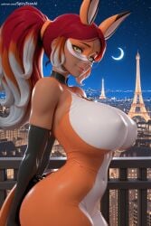 1girl ai_generated alya_cesaire animal_ears artist_name bare_shoulders breasts bunny_ears bunny_girl bunny_tail choker city cityscape crescent_moon dark_skin elbow_gloves gloves green_eyes hi_res high_quality high_resolution huge_breasts lips long_hair miraculous_ladybug moon night night_sky patreon ponytail red_hair seductive sexy sky solo spicytoonai star_(sky) starry_sky thick_thighs thighs uncensored watermark