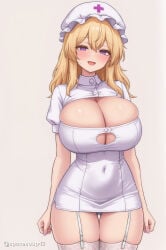 1girl :d ai_generated arms_at_sides ass_visible_through_thighs blonde_hair blush breasts bursting_breasts cleavage cleavage_cutout clothing_cutout covered_navel cowboy_shot cross dress garter_straps hair_between_eyes hat huge_breasts large_breasts long_hair looking_at_viewer maribel_hearn microdress mob_cap nurse nurse_cap open_mouth puffy_short_sleeves purple_eyes short_dress short_sleeves simple_background skindentation smile solo taut_clothes thigh_gap thighhighs thighs touhou white_background white_dress white_garter_straps white_headwear white_thighhighs