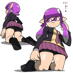 hairclip inkling inkling_girl kneeling medium_breasts multiple_angles nintendo omoitukan2 purple_eyes purple_hair school_uniform skirt splatoon splatoon_2 tentacle_hair thighs wide_hips