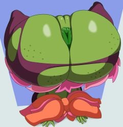 1girls against_wall anus ass ass_focus ass_out backboob bellossom big_ass bottom_heavy breasts butt female_only freckles freckles_on_ass green_anus green_skin highres large_ass megamechxxx multicolored_hair nintendo plant_girl pokemon pokemon_(species) pussy runningdlog shortstack slut slutty_female standing_on_hands stubby_legs torn_pants vagina verlia_(runningdlog) voluptuous_female whore