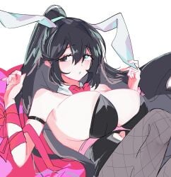 1girls artist_request bow bowtie breasts breasts_bigger_than_head bunny_ears bunnysuit female fishnet_legwear fishnets heterochromia hong_lu huge_breasts legwear limbus_company navel pink_ribbon project_moon red_bow red_bowtie ribbon ribbons rule_63 white_bunny_ears