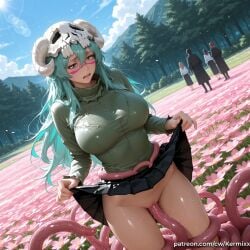 ai_generated black_skirt bleach blue_sky breasts clothes_lift cloud day dutch_angle facial_mark field flower flower_field green_hair green_shirt hair_between_eyes horns kermixx large_breasts lifted_by_self long_hair long_sleeves looking_at_viewer multiple_boys multiple_girls nature nelliel_tu_odelschwanck no_panties open_mouth outdoors patreon_username pleated_skirt pussy pussy_juice shirt skirt skirt_lift sky solo_focus standing sweat tentacles tree turtleneck uncensored vaginal watermark web_address