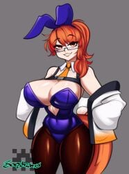 1girl 1girls animal_ear_hairband animal_ears big_breasts blue_leotard breasts busty chest_harness cleavage collar detached_collar fake_animal_ears female fins fish_tail glasses grey_background hairband harness highres huge_breasts indie_virtual_youtuber jacket joeydrawss large_breasts leotard mako_fukasame mature mature_female multicolored_hair orange_hair pantyhose playboy_bunny ponytail rabbit_ears rabbit_tail red_eyes red_streaks semi-rimless_eyewear shark_girl shark_tail sharp_teeth solo streaked_hair tail teeth tits vershion virtual_youtuber vtuber white_collar white_jacket