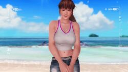 3d animated are areolae beach bouncing_breasts dead_or_alive dead_or_alive_5 doahdm hitomi_(doa) jeans nipples nipples_visible_through_clothing oblivious public_nudity see-through see-through_clothes see-through_clothing tank_top transparent_clothing wardrobe_malfunction