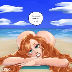 1girls ass ass_focus beach bimbo bimbo_body english english_text freckles ginger ginger_hair green_eyes hair huge_ass human katalina_(trich00art) large_ass laying_down laying_on_stomach long_hair messy_hair nude nude_female original original_character redhead redhead_female smile smiling smiling_at_viewer speech_bubble trich00art