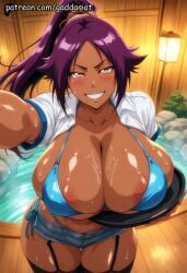 1girl ai_generated bleach bleach:_the_thousand-year_blood_war blush bokeh_background breasts collared_shirt curvy dark-skinned_female denim_shorts elbow_gloves from_above gaddariat gloves high_angle holding_tray huge_breasts large_breasts looking_up patreon purple_hair shihouin_yoruichi slim_waist string_bikini thick_thighs top-down_view unbuttoned_shirt underboob voluptuous yoruichi_shihouin