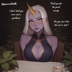 1female 1girls ai_generated blush blushing cute dialogue english_text female female_only fully_clothed golden_eyes horn large_breasts league_of_legends looking_at_viewer purple_body purple_lipstick purple_skin sfw shirt sitting smile smiling smiling_at_viewer soraka text white_hair