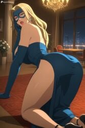 1girl ai_generated all_fours ass bare_shoulders blonde_blazer blonde_hair blue_dress blue_eyes blue_gloves breasts digitalwaifugallery dispatch_(game) domino_mask dress earrings elbow_gloves flower gloves hand_on_own_face hi_res high_heels high_quality high_resolution indoors jewelry kneeling large_breasts long_hair looking_at_viewer looking_back mask night open_mouth patreon patreon_logo patreon_username seductive sexy solo thighs uncensored watermark window