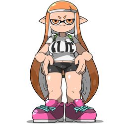 >:) 1girls anthro big_breasts bike_shorts cephalopod cephalopod_humanoid full_body humanoid inkling inkling_girl kaori_(splatoon) mask_(marking) nintendo omoitukan2 orange_eyes orange_hair pointy_ears short_shorts short_sleeves shorts solo splatoon squid standing staring tentacle tentacle_hair tight_clothing