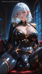 1futa 2026 ai_generated balls beta_(the_eminence_in_shadow) blue_eyes breasts bulge bulge_through_clothing cleavage cock dyzertai elf_ears elf_futa futanari grey_hair huge_balls huge_breasts huge_cock huge_penis huge_testicles indoors looking_at_viewer night penis self_upload short_hair solo testicles the_eminence_in_shadow tight_clothing
