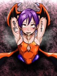 1girls after_oral after_sex armpit_showing arms_behind_back body_writing capcom cum cum_in_mouth cum_on_breasts darkstalkers facing_viewer heart_symbol lilith_aensland oppaotintin pubes pubes_on_face purple_hair stuck_in_wall succubus sweat textless tounge_out wings wings_on_head