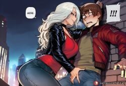 1boy 1girl ai_generated assertive_female black_cat_(marvel) breasts brown_hair bulge choker crotch_grab denim felicia_hardy hetero jacket jeans large_breasts leather_jacket long_hair marvel night open_jacket pants peter_parker shirt spider-man tillian white_hair