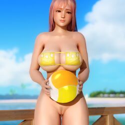 bikini bikini_top blush blushing bottomless dead_or_alive dead_or_alive_5 doahdm embarrassed embarrassed_nude_female enf honoka_(doa) huge_breasts long_hair pink_hair pussy tight_bikini tight_clothing tight_fit