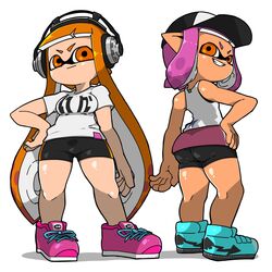 2girls anthro ass bike_shorts breasts cap cephalopod cephalopod_humanoid facing_away facing_viewer full_body hand_on_hip headphones humanoid inkling inkling_girl kaori_(splatoon) light-skinned_female long_hair mask_(marking) medium_breasts nintendo omoitukan2 orange_eyes orange_hair orange_inkling_girl pink_eyes pink_hair pointy_ears short_hair shorts splatoon splatoon_2 squid standing surume_(splatoon) tan-skinned_female tentacle tentacle_hair thick_thighs tight_clothing