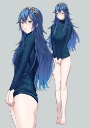 1girls ameno_(a_meno0) ass bangs bare_legs barefoot blue_eyes blue_hair blue_sweater blush bottomless closed_mouth feet female female_only fire_emblem fire_emblem_awakening full_body grey_background hair_between_eyes long_hair long_sleeves lucina_(fire_emblem) multiple_views naked_sweater nintendo parted_lips ribbed_sweater simple_background solo sweater tiara toes turtleneck turtleneck_sweater