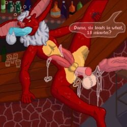 1:1 alcohol anal anal_sex animal_genitalia animal_penis anthro anus ass balls bar beverage bodily_fluids chiropteran cum cum_leaking cum_on_butt dialogue digital_media_(artwork) diphallia diphallism drunk drunk_bubbles fangs foreskin fur genital_fluids genitals grabbing_table group hair hemipenes imminent_sex inside lying male male/male mammal multi_genitalia multi_penis noodlybat_(artist) on_back oral oral_penetration penetration penis pixel_art presenting presenting_anus public public_use raised_leg red_body red_fur rezzybat silver_hair slim smile substance_intoxication uncut yellow_sclera