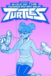 1girls 2boys after_oral april_o'neil april_o'neil_(rise_of_the_tmnt) bathroom bathroom_stall cum cum_in_mouth cum_string dark-skinned_female dark_skin erection female glasses glory_wall handjob liquidmark male penis rise_of_the_teenage_mutant_ninja_turtles teenage_mutant_ninja_turtles
