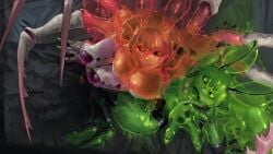 2girls antennae arthropod_girl arthropod_limbs big_breasts black_leotard black_sclera breasts carapace cleavage cockroach_girl colored_sclera colored_tongue commentary english_commentary extra_arms facial_mark female green_eyes green_hair green_tongue huge_breasts indie_virtual_youtuber insect_girl juniper_actias large_breasts leotard licking_lips long_hair looking_at_viewer looking_up matara_kan monster_girl moth_antennae moth_girl multiple_girls open_mouth orange_hair red_eyes slime_girl tits tongue tongue_out virtual_youtuber vtuber white_leotard