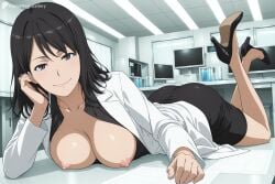 1girl ai_generated ass black_eyes black_footwear black_hair breasts breasts_out closed_mouth collarbone desk digitalwaifugallery grey_eyes head_rest hi_res high_heels high_quality high_resolution indoors kihara_yuiitsu lab_coat large_breasts legs_up long_hair long_sleeves looking_at_viewer lying medium_hair monitor nipples on_stomach open_clothes open_shirt patreon pencil_skirt seductive sexy shirt skirt smile solo the_pose uncensored watermark