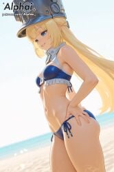 1girl 2025 2026 4k absurd_res absurdres ai ai-created ai-generated ai_art ai_assisted ai_created ai_generated alphai anime bangs beach blonde_hair blue_bikini_bottom blue_bikini_top blue_eyes blushing breasts chest childish cinematic_lighting close-up clothing colorful_background curvy curvy_figure cute_girl depth_of_field detailed_hair detailed_skin detailled_background dramatic_shadows eyelashes eyeliner female female_face female_focus female_only flat_chest fringe girl hand_on_ass high_quality high_resolution highres hoyoverse legs long_hair metal_hat mihoyo naughty_face norma_(zenless_zone_zero) norma_hollowell particles patreon patreon_link patreon_url patreon_username petite_breasts plump raised_eyebrows revealing_clothes seductive_eyes side_angle skinny slender slim_waist small_breasts solo summer swimwear thick_legs thick_thighs thigh_gap thighs video_game_character volumetric_lighting watermark zenless_zone_zero zettai_ryouiki zzz