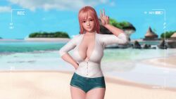 animated areola_slip areolae cleavage clothed dead_or_alive dead_or_alive_5 doahdm embarrassed embarrassed_nude_female enf honoka_(doa) huge_breasts jean_shorts long_hair pink_hair shirt shirt_open taking_picture wardrobe_malfunction