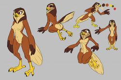 2017 anthro ass avian beak bird breasts brown_body brown_feathers falcon falconid feathers featureless_breasts female front_view genitals grey_background kneeling layl_(siroc) multiple_poses non-mammal_breasts pose pussy rear_view simple_background siroc solo standing tail_feathers tan_body tan_feathers