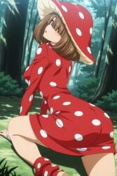 1girl ai_generated all_fours ass blush breasts brown_eyes brown_hair digitalwaifugallery dress forest from_behind hair_over_one_eye hi_res high_quality high_resolution komori_kinoko large_breasts long_sleeves looking_at_viewer looking_back mushroom my_hero_academia nature open_mouth outdoors patreon polka_dot polka_dot_dress red_dress seductive sexy solo tree uncensored watermark x-shaped_pupils