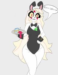 bunny_ears bunnysuit charlie_morningstar_(hazbin_hotel) condom_wrapper curvy curvy_female fanart female hand_on_hip hazbin_hotel legs_tied looking_at_viewer serval small_breasts smile solo wide_hips