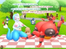 absurd_res angry anthro areola basket big_breasts breast_size_difference breasts charmeleon duo english_text female female_incineroar food genitals grass hi_res hot_dog huge_breasts hyper hyper_breasts incineroar lopunny lucario lugia lysergide male mario_(series) nintendo nipples nude open_mouth outside picnic picnic_basket picnic_blanket pokemon pokemon_(species) prilly_(lysergide) primarina profanity public public_nudity pussy sandwich_(food) straight text tits_(lysergide) tongue tree video_games yoshi