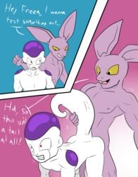 2boys alien all_fours anthro bent_over doggy_style dragon_ball dragon_ball_super duo dyspo erection frieza from_behind_position gay genitals hi_res humanoid juspirizor lagomorph leporid male male/male male_only mammal nude penis precum_drip purple_body purple_skin rabbit sex simple_background what white_body white_skin yaoi