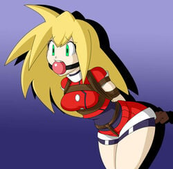 ball_gag blonde_hair bondage femsub gag gagged mega_man mega_man_legends raya100 rockman_dash roll_caskett rope tagme