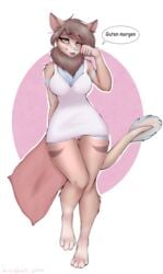 alyona_the_floof anthro bottomless breasts canid canine chiropteran cleavage clitoris clothed clothing female fox genitals german_text hi_res hierophant_green_(artist) looking_at_viewer mammal no_underwear one_eye_closed one_leg_rised pillow pussy rubbing_eyes solo text thigh_gap topwear