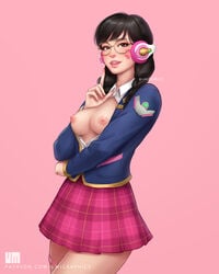 1girls academy_d.va alternate_costume areolae asian black_hair blizzard_entertainment braid braided_hair braided_twintails breasts breasts_out brown_eyes casual casual_exposure cute d.va exposed exposed_breasts eyelashes eyeliner female female_only fringe glasses hana_song headphones licking_lips light_skin looking_at_viewer medium_breasts naughty_face nipples overwatch pinup presenting_breasts round_glasses school_uniform schoolgirl skinny skirt slim solo teenager tongue umigraphics umitaro